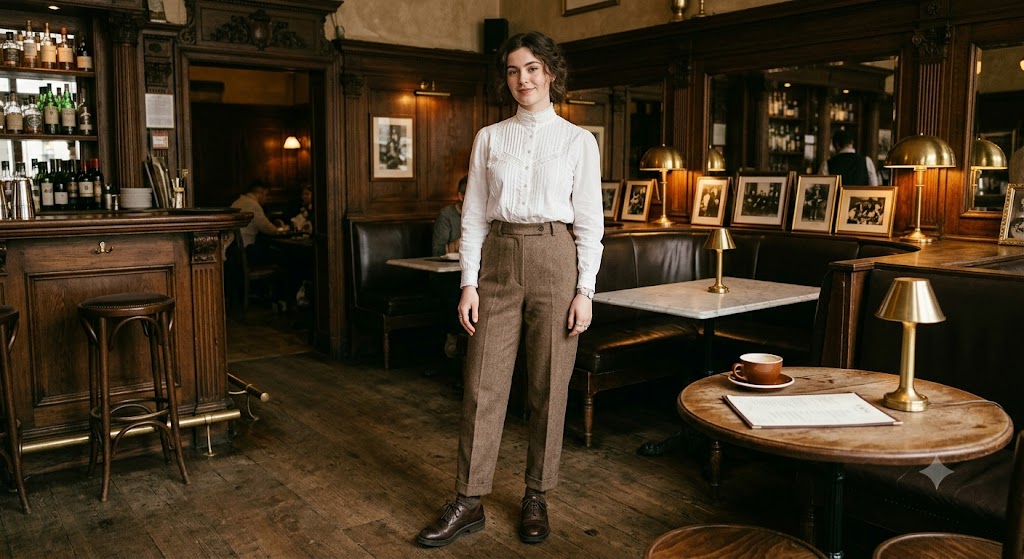 High-Neck Edwardian Collar Blouse and Tweed Trousers